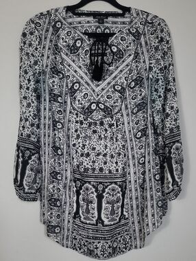Lucky Brand Floral Tie Front Top Size Small Black White Prairie Boho Long Sleeve